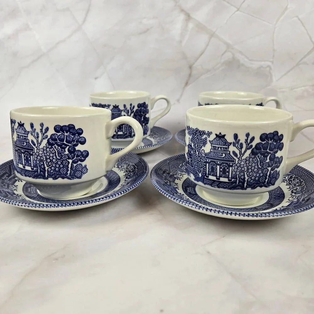 Vintage Set of 4 Churchill Blue Willow Coffee Cups and Saucers Made in England